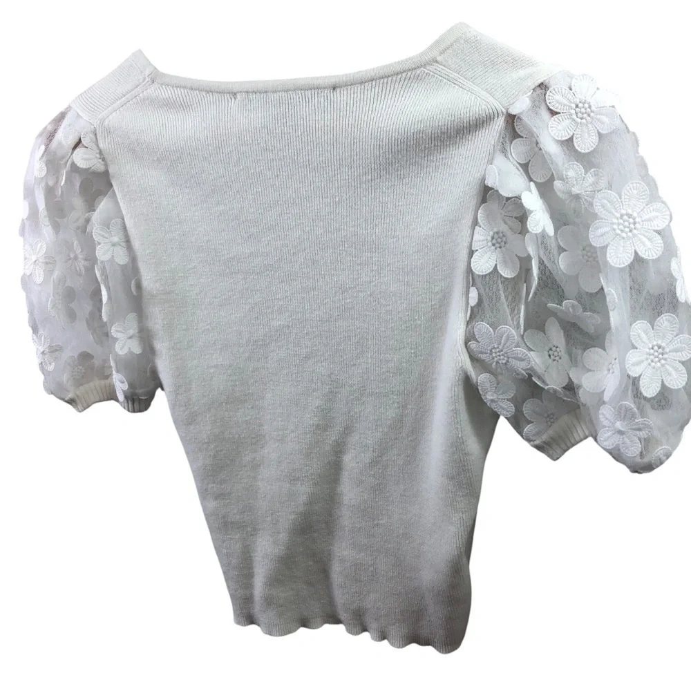 French Connection Women M White Knit Sweater Top Faux Wrap Cottagecore Victorian